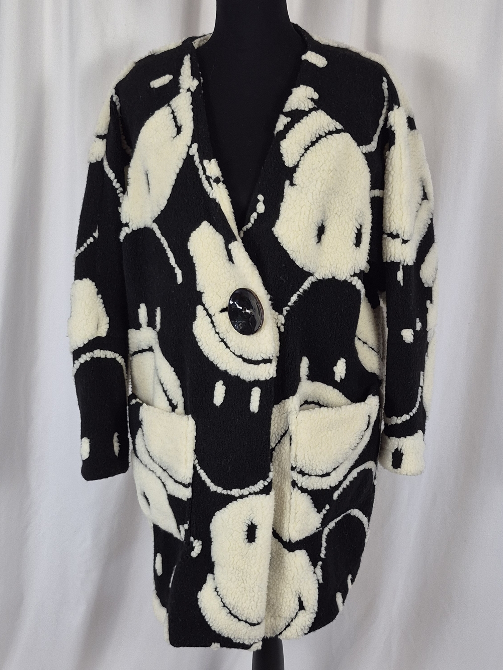 Farm Rio x Smiley Face Plush Faux Sherpa Button-Front Fleece Cardigan Coat - XS